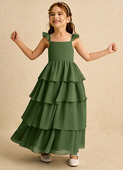 Azazie Boba vestidos de niña de las flores Vestido de Oliva de Gasa de Corte En A con Escote Cuadrado image3