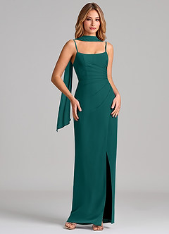Azazie Calandra Bridesmaid Dresses Peacock Sheath Pleated Chiffon Dress image1