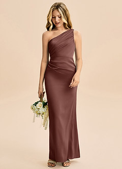 Azazie Akilah Junior Espresso Sheath Pleated Stretch Satin Dress image3