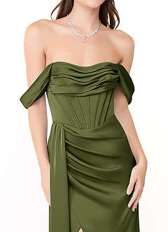 Azazie Amyra Bridesmaid Dresses Olive Sheath Off the Shoulder Stretch Satin Convertible Dress image8
