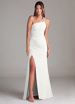 Azazie Eren Vestidos de damas de honor Vestido de Blanco de Gasa de Corte Recto con Hombro unilateral image3