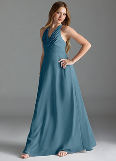 Azazie Tessie Junior A-Linie Plissee Chiffon Kleid Bermudablau image3