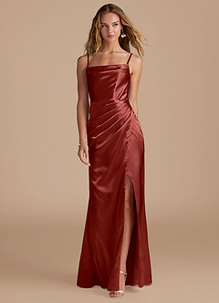 Azazie Marzia Bridesmaid Dresses Terracotta Mermaid Pleated Metallic Satin Dress image4