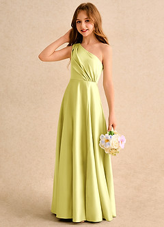 Azazie Puddles Girls Formal 플라워 걸 드레스 A라인 한쪽 어깨 매트 새틴 플로어 길이 드레스 image6