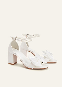 front Satin Bow & Pearl Ankle Strap Block Heel Sandals