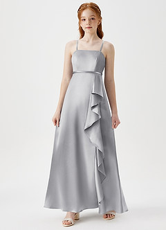 Azazie Kaylee Junior Silver A-Line with Belt Metallic Satin Dress image3