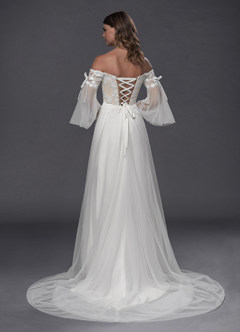 Azazie Stevie Abiti da Sposa Abito A-Line in Tulle a Spalla Scoperta Bianco Diamante Champagne image3