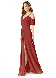 Azazie Dakota Vestidos de damas de honor Vestido de Terracota de Gasa de Corte en A con Cuello en V plisado image6