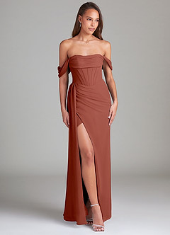 Azazie Amyra Bridesmaid Dresses Auburn Sheath Off the Shoulder Chiffon Convertible Dress image3