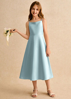 Azazie Jaella Girls Formal Blomsterpigekjoler A-Line Plisseret Mat satin Te-længde Kjole image2