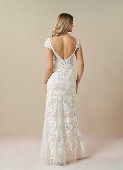 Azazie Devonna Wedding Dresses Diamond White Champagne Sheath V-Neck Sequins Lace Dress image3