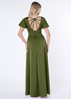 Azazie Lani Bridesmaid Dresses Olive A-Line Flounce Sleeve Stretch Satin Dress image2