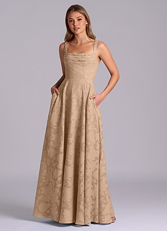 Azazie Shaude 신부 들러리 드레스 A라인 주름진 플로럴 번아웃 바닥 길이 드레스 image1