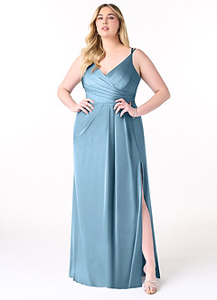 Azazie Aqua Vestidos de damas de honor Vestido de Azul Acero de Satén Elástico de Corte en A con Cuello en V plisado image8