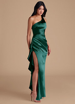 Azazie Latrice Bridesmaid Dresses Pine Sheath One Shoulder Metallic Satin Dress image1
