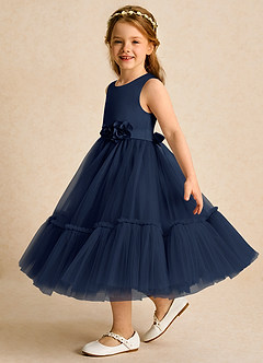 Azazie Miracle Flower Girl Dresses Dark Navy A-Line Bow Matte Satin Dress image3