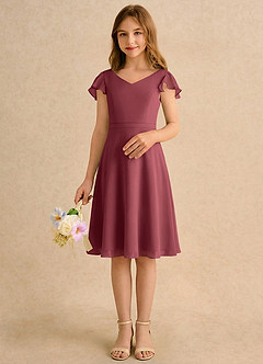 Azazie Narin Girls Formal Abiti da Ragazza di Fiori Abito A-Line in Chiffon con Maniche Merlot image3