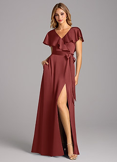 Azazie Lainey Bridesmaid Dresses Terracotta A-Line with Pockets Stretch Satin Dress image3