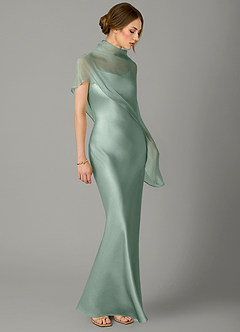 Azazie Jaleesa At-home Try On Dresses Agave Sheath High Neck Stretch Satin Dress image3