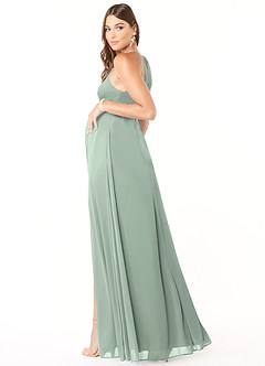 Azazie Annabelle At-home Try On Dresses A-Line V-Neck Pleated Mesh Floor-Length Dress image5