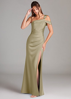 Azazie Wynter Bridesmaid Dresses Moss Green Sheath Off the Shoulder Stretch Satin Dress image3