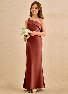 Azazie Almond Girls Formal Sukienki dla dziewczynek sypiących kwiaty Osłona Jedno ramię Satyna elastyczna Długość podłogi Sukienka image3