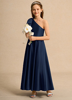 Azazie Guppy Junior Formal vestidos de niña de las flores Vestido de Azul Marino Oscuro de Satin Mate de Corte En A con Hombro unilateral image5