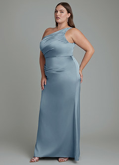 Azazie Akilah Vestidos de damas de honor Vestido Azul Polvoriento de Satén Elástico de Corte Sirena con Un hombro image11
