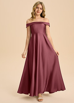 Azazie Sissy Junior Desert Rose A-Line Off the Shoulder Stretch Satin Dress image4