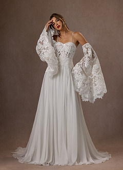 Azazie Rhya Probar vestidos en casa Vestido de Diamante Blanco de Encaje de Corte en A con Vestidos sin tirantes image1