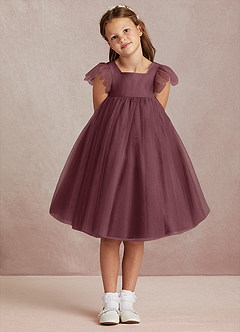 Azazie Kalio Flower Girl Dresses Sangria A-Line with Sleeves Tulle Dress image2