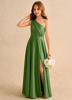Azazie Puddles Girls Formal Robe Demoiselle D'honneur Fillette Robe Trapèze en Satin extensible Une épaule Basilic image3