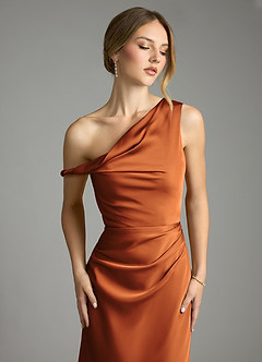 Azazie Emerson Bridesmaid Dresses Cinnamon Mermaid Off the Shoulder Stretch Satin Dress image6