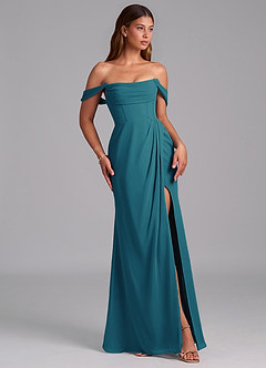 Azazie Johana Robes de demoiselle d'honneur Robe Sirène Convertible en Mousseline de soie Épaule décolletée Bleu Encre image6