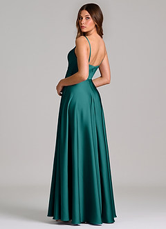 Azazie Amani Abiti da Damigella Abito A-Line in Raso Elasticizzato Plissettato Verde Pavone image2