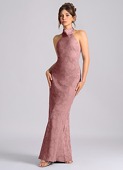 Azazie Velli Vestidos de damas de honor Vestido de Rosa Polvorienta de Devorado Floral de Corte Sirena con Cuello Alto image1