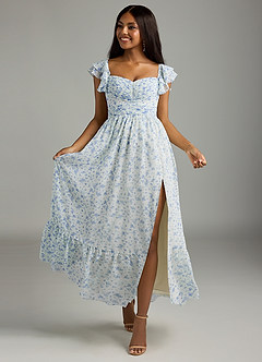 Azazie Anaya Bridesmaid Dresses Blue And White Ditsy Floral A-Line Pleated Chiffon Dress image5
