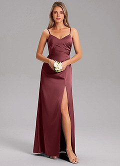 Azazie Azuree Bridesmaid Dresses Merlot A-Line Pleated Stretch Satin Dress image3