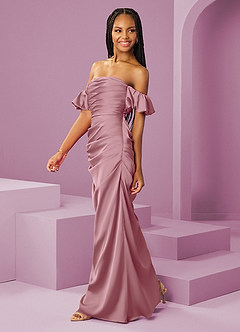 Barbie ♥ Azazie Bridesmaid Dresses Vintage Mauve Sheath Off the Shoulder Stretch Satin Convertible Dress image4