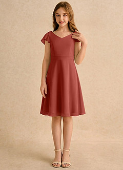 Azazie Narin Girls Formal Robe Demoiselle D'honneur Fillette Robe Trapèze en Mousseline de soie avec manches Terracotta image4