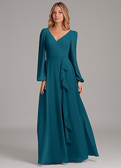 Azazie Simone Jurken voor bruidsmeisjes Jurk van Chiffon met A-Lijn Lange mouw Inkt Blauw image5