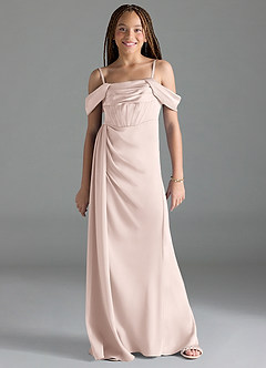 Azazie Amyra Junior Blushing Pink Sheath Off the Shoulder Stretch Satin Dress image3