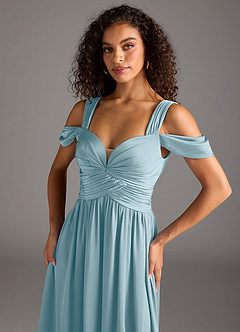 Azazie Lianne Bridesmaid Dresses Moody Blue A-Line Off the Shoulder Stretch Satin Dress image3