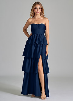 Azazie Faye Vestidos de damas de honor Vestido de Azul Marino Oscuro de Satén Elástico de Corte en A con Volante image3