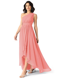 Azazie Mathilda Bridesmaid Dresses Coral A-Line One Shoulder Chiffon Dress image3
