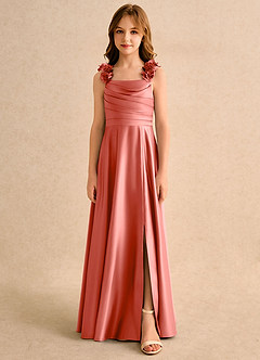Azazie Rosita Girls Formal Flower Girl Dresses Salmon Pink A-Line Pleated Matte Satin Dress image3