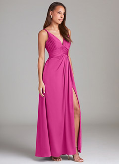 Azazie Maren Allure Jurken voor bruidsmeisjes Jurk van Stretch Satijn met A-Lijn Kant Fuchsia image4