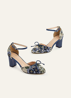 front Floral Tapestry Ankle Strap Block Heels