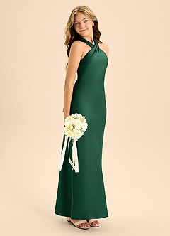 Azazie Doretta Junior Vestido de Verde Oscuro de Satén Elástico de Corte En A con Plisado image7