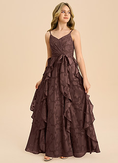 Azazie Peyton Junior Espresso A-Line Pleated Floral Burnout Dress image4